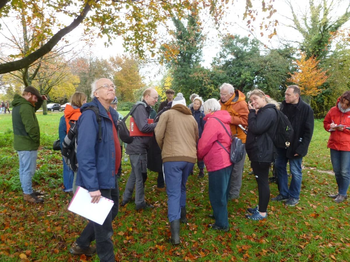 A group of people stood among autumn leaves